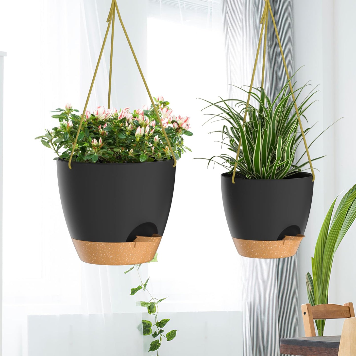 ZMTECH 25cm Hanging Planters with Watering Inlet 10 Inch Self Watering Plant Pot with Drainage Holes and Removable Saucer Plastic Flower Pot for Indoor Outdoor Plants (Black)