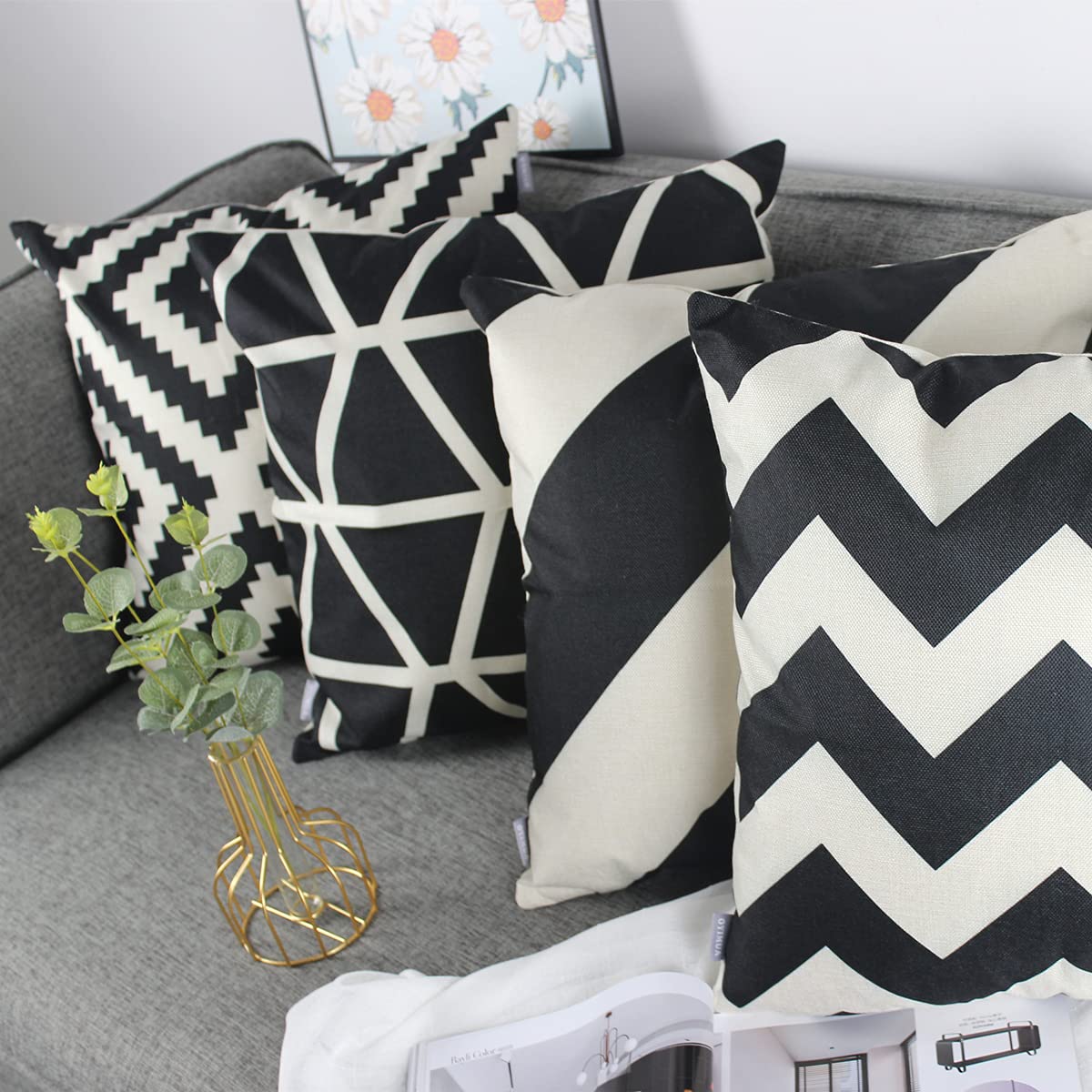 OYIMUA Set of 4 Boho Decorative Cushion Covers Black 18x18 Linen Geometric Throw Pillow Covers 45 x 45cm Square Pillowcases for Outdoor Furniture Garden Bench Living Room Sofa Farmhouse Decor