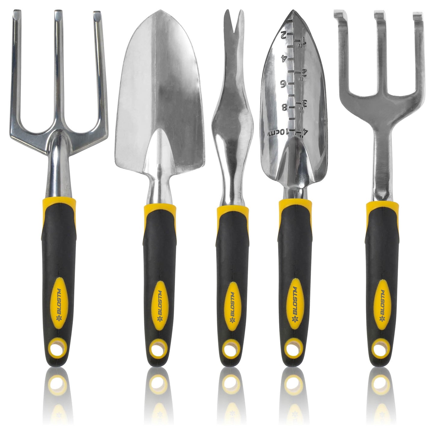 BLOSTM Gardening Tools Set 5 PCS - Heavy Duty Garden Tools for Gardening with Ergonomic Handles, Anti-Rust Trowel and Fork Set, Weeding Fork, Transplanter Trowel Set, Hand Rake