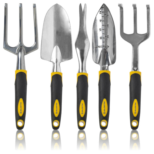 BLOSTM Gardening Tools Set 5 PCS - Heavy Duty Garden Tools for Gardening with Ergonomic Handles, Anti-Rust Trowel and Fork Set, Weeding Fork, Transplanter Trowel Set, Hand Rake