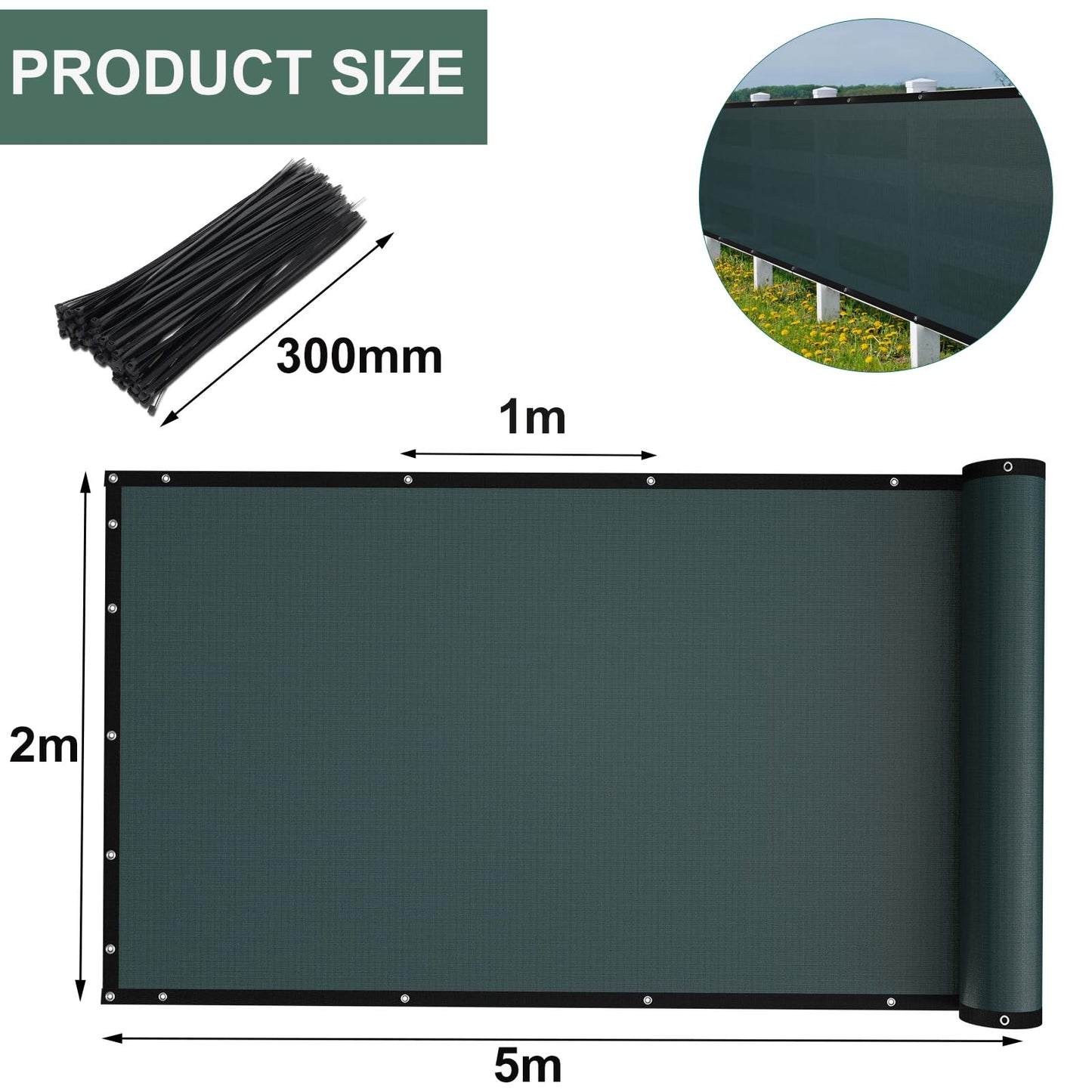 Gekufa Privacy Netting 2mx5m Garden Screening 130g/m² Fence Screening 90% HDPE Outdoor Shading Net UV-Resistant Tear-Resistant Windbreak Netting with Cable Ties and Eyelets