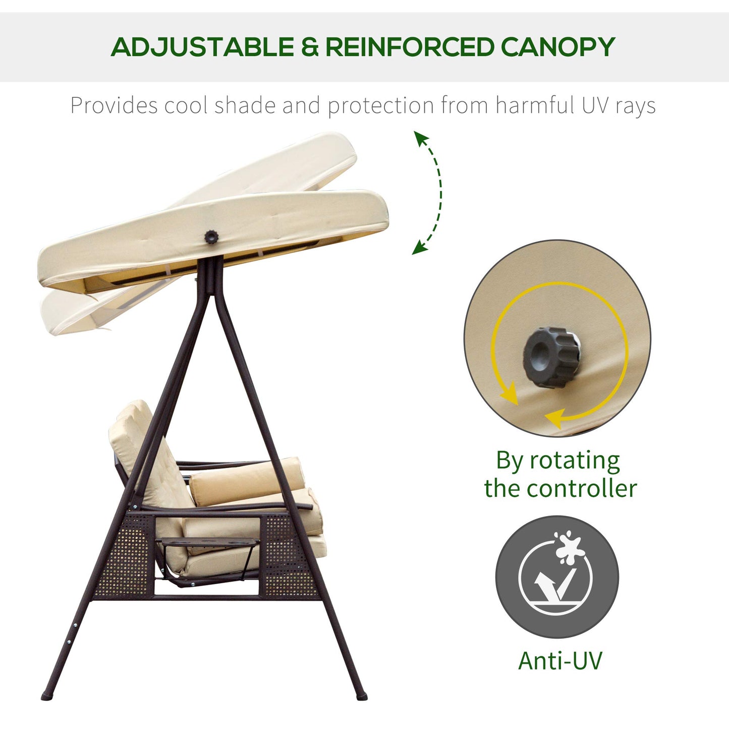 Outsunny 3 Seater Garden Swing Chair Outdoor Hammock Bench w/Adjustable Canopy, Cushions and Cup Trays, Brown Steel Frame, Beige Fabric