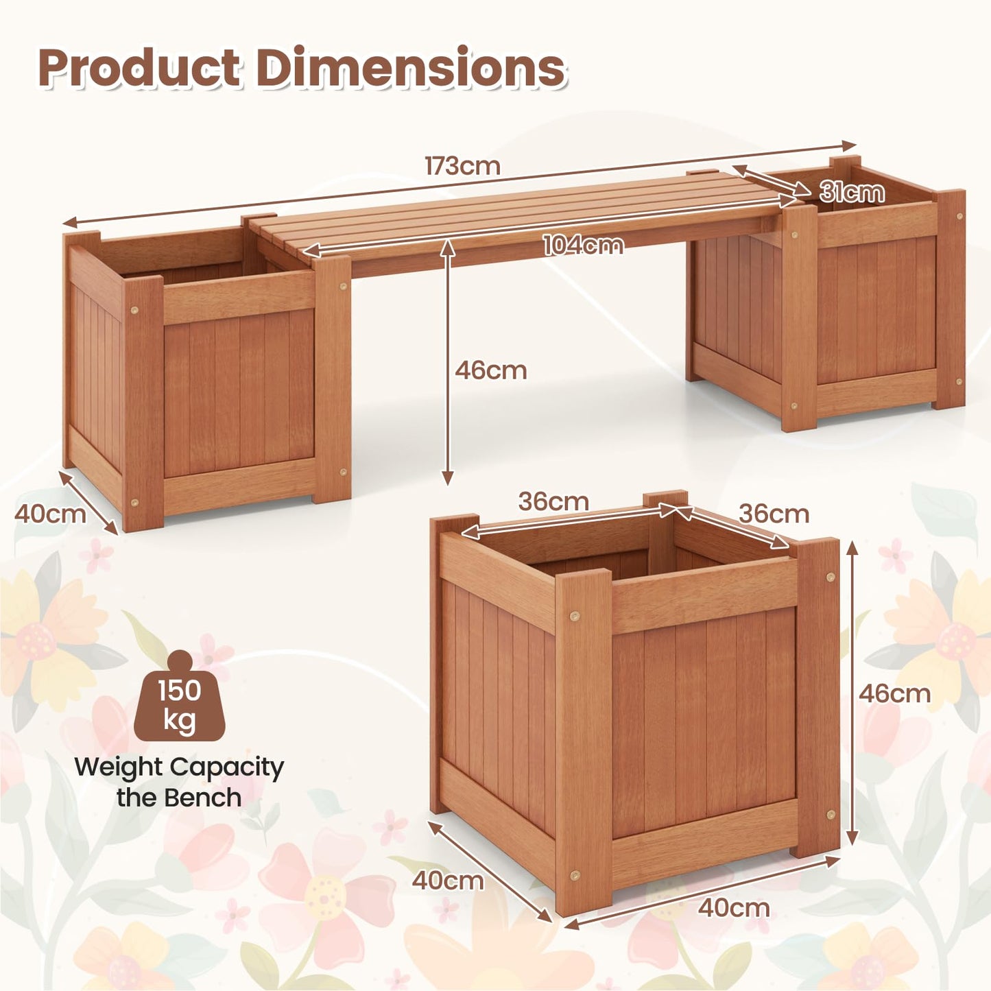 TANGZON Wood Planter Box with Bench, Raised Garden Bed with Seat, Teak Oil Finish & Open-ended Base, Outdoor Flower Box Kit Patio Decor Bench for Garden Yard Balcony (2 Planter Box)