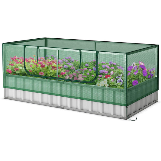 TANGZON Raised Garden Bed with Greenhouse, Galvanized Steel Planter Box Kit with Cover, Roll-Up Door, 8PCS T Tags & A Pair of Gloves, Outdoor Rectangular Vegetable Flower Herb Planter, 174 x 90 x 71cm