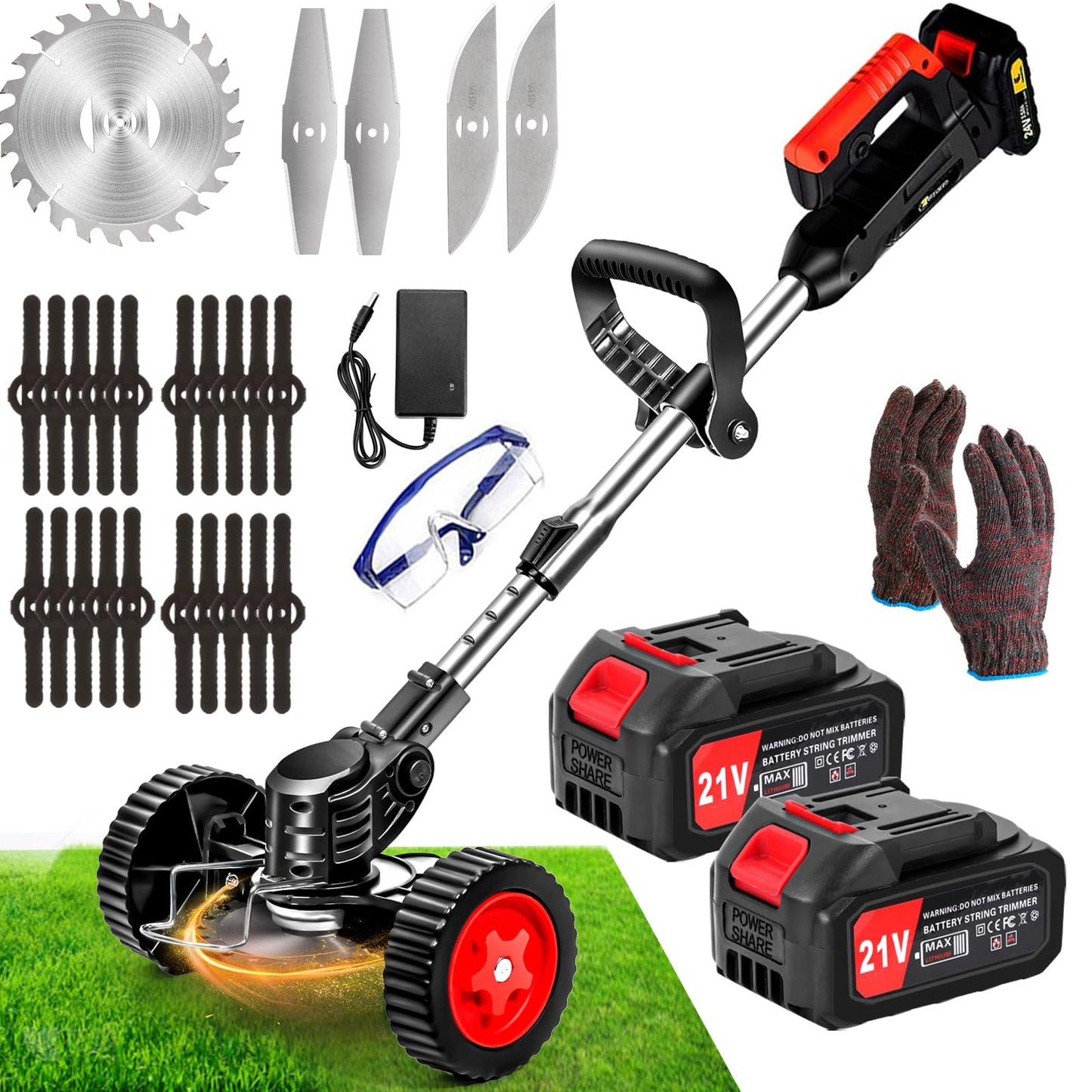 ZJS Cordless Strimmer 21v Garden Strimmer with 2 4.0Ah Batteries Grass Trimmers with 25 Blades Electric Strimmer Detachable Battery Strimmer Height Adjustable Suitable for Garden Lawn Trimming