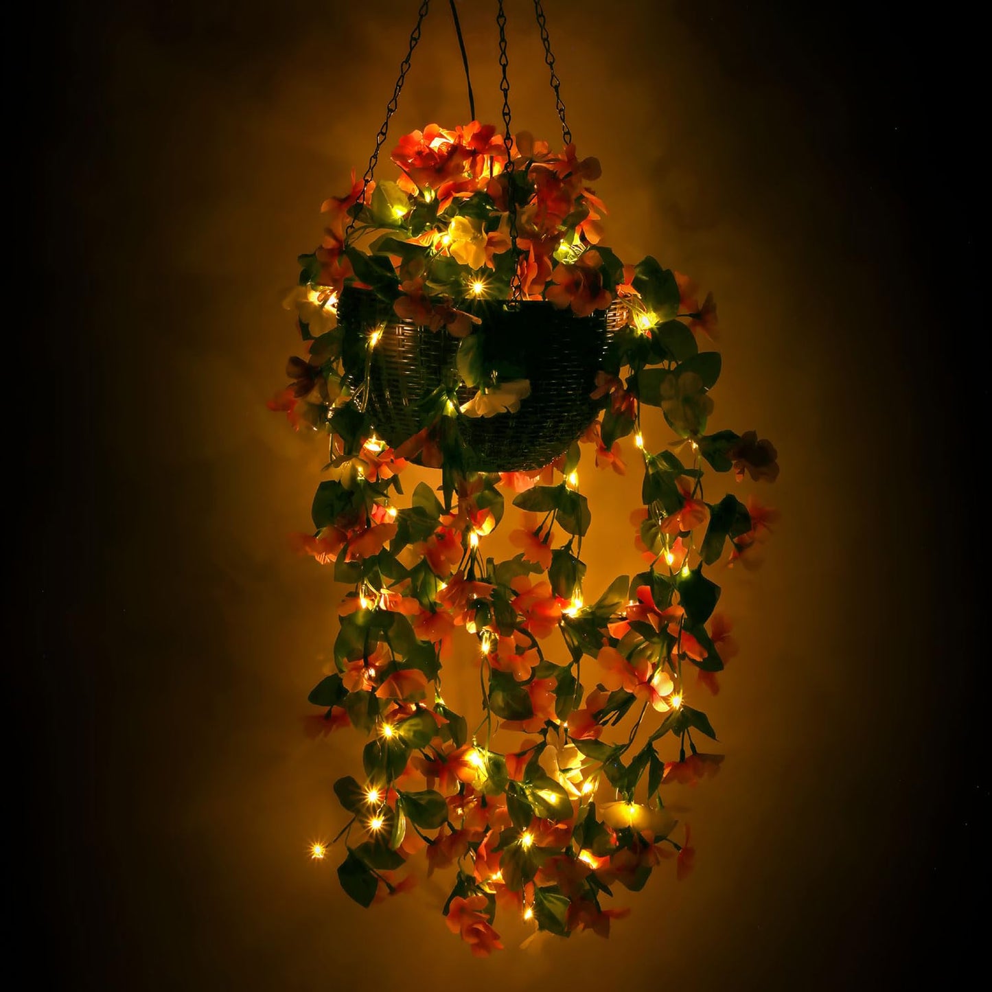 Taylor & Brown Solar Powered Artificial Floral Outdoor Hanging Basket With 80 LED's Brown Rattan Effect Planter for Patio Lawn Garden Landscape Décor with Chain