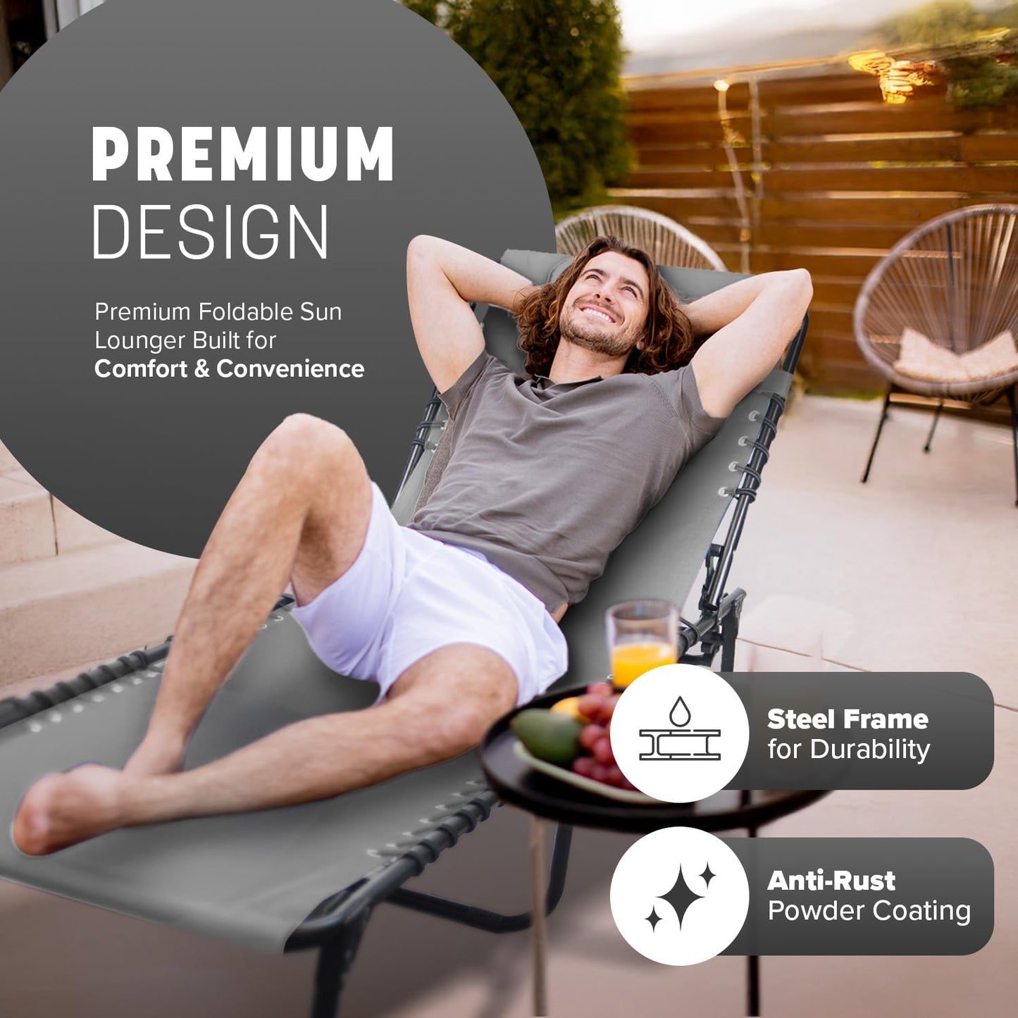KEPLIN Foldable Recliner Sun Lounger - 600D Oxford Fabric - Adjustable Back and Leg Rests - Lightweight and Portable - Compact Space-Saving Design - Durable Outdoor Use - 190 x 65 x 30 cm (Grey)