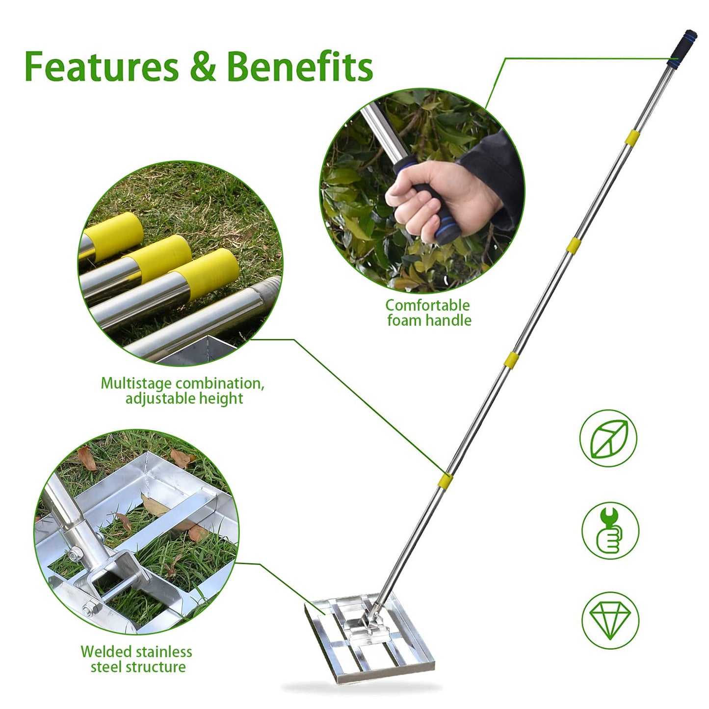 SurmountWay Lawn leveling Rake with Heavy-duty Stainless Steel Suitable for Courtyard Golf-16 ''x 10'' Lawn leveler tool(6.5FT), Silver (‎6.5FT,16 x 10In)