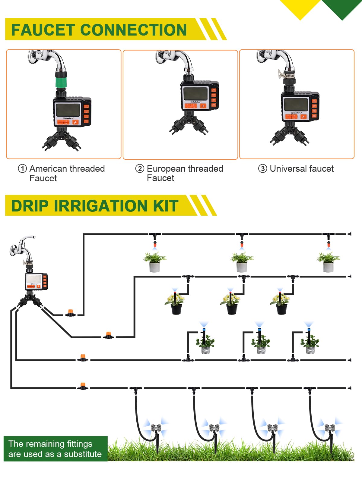 Kalolary Drip Irrigation Kit, 164 Ft Adjustable Garden Watering System with Timer, 133 PCS Blank Distribution Watering Drip Tubing Kits for Patio Lawn Garden Greenhouse Flower Bed