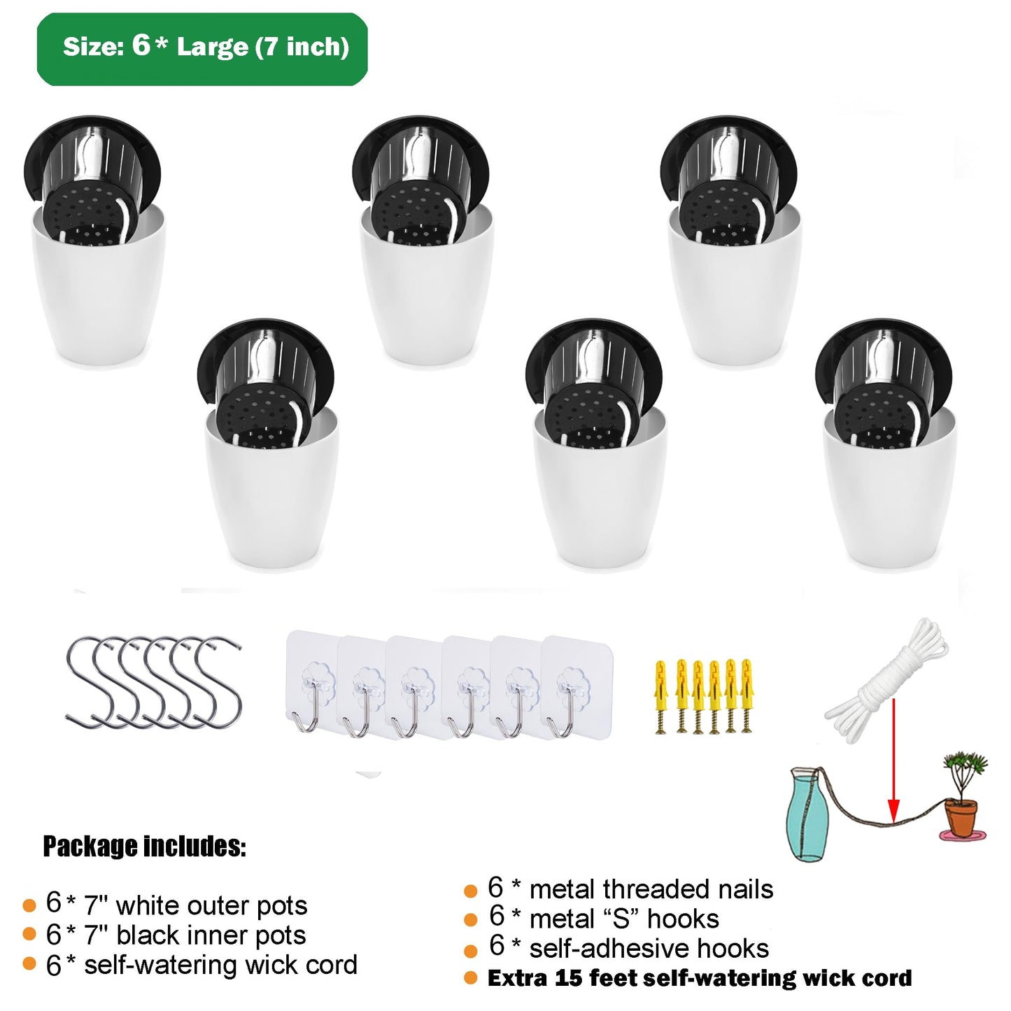 ORIMERC 6 Pack Self Watering Plant Pots Wall Hanging Basket Over Fence Planters Vertical Garden Hang Plastic Container Indoor Outdoor for Plants Flowers Succulent Living Herbs Holder White Large