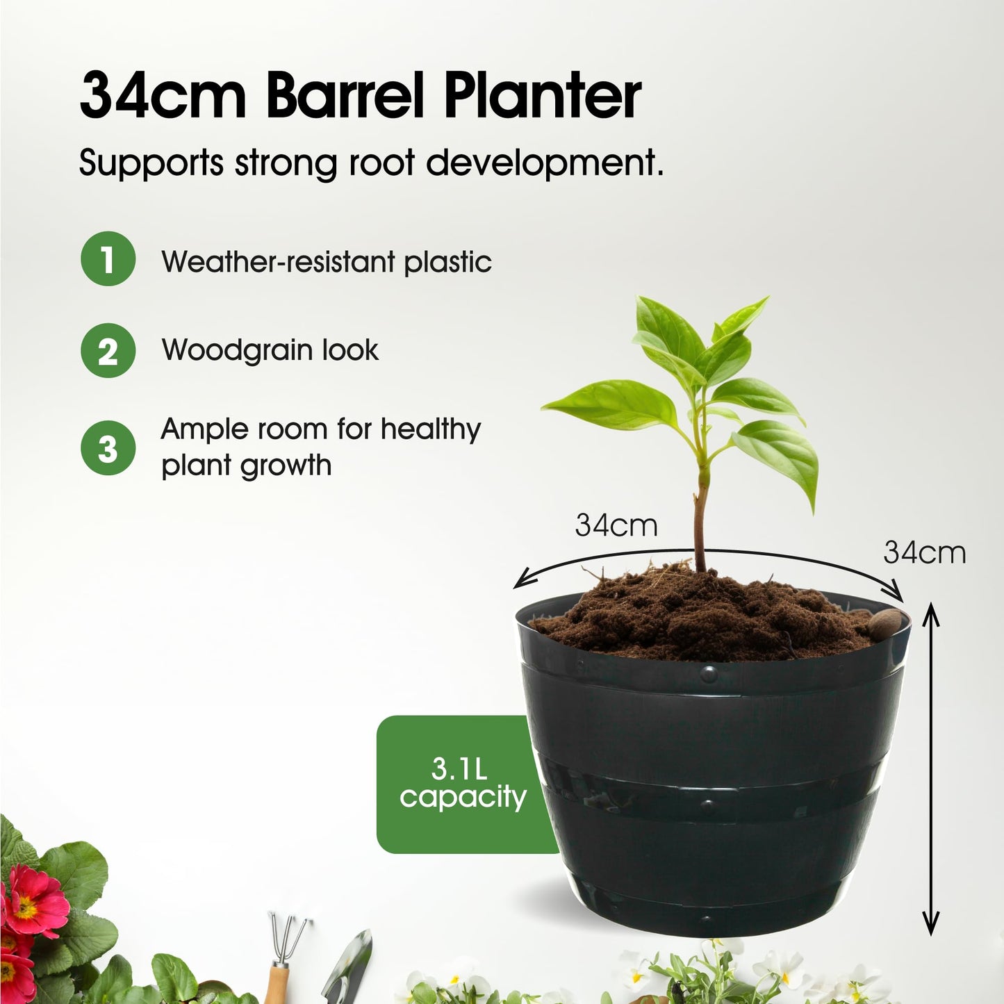 Whitefurze G0834BL 34cm Barrel Planter - Black