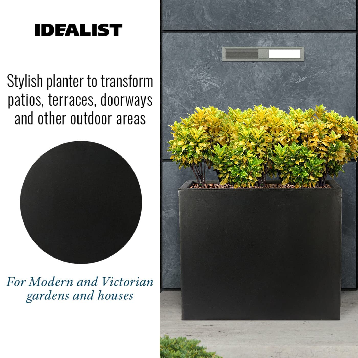 IDEALIST 50cm Trough | Black Reinforced Stone Rectangular Planter | Garden Plant Pots with Drainage Holes L50 W20 H40 cm, 23 litres