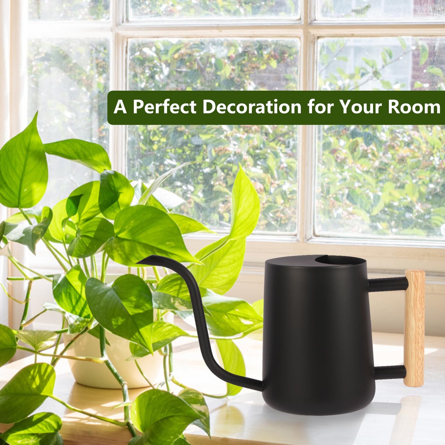 Watering Can Indoor Plants, 35oz Small Watering Can Indoor Stainless Steel Metal Watering Can Modern Decorative Watering Pot with Long Spout for Indoor House Plant Bonsai Outdoor Garden Flowers -Black