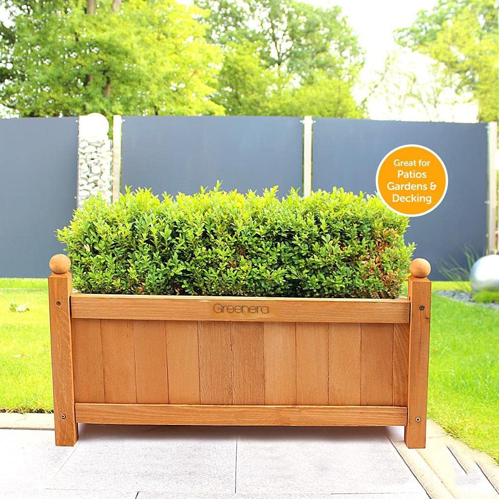 Vivo Technologies Set of 2 Large Wooden Garden Planter Outdoor Flowers Plant Pot Rectangular Garden Planters Planting Raise Bed Patio Decking, 60x20x34 cm, Natural