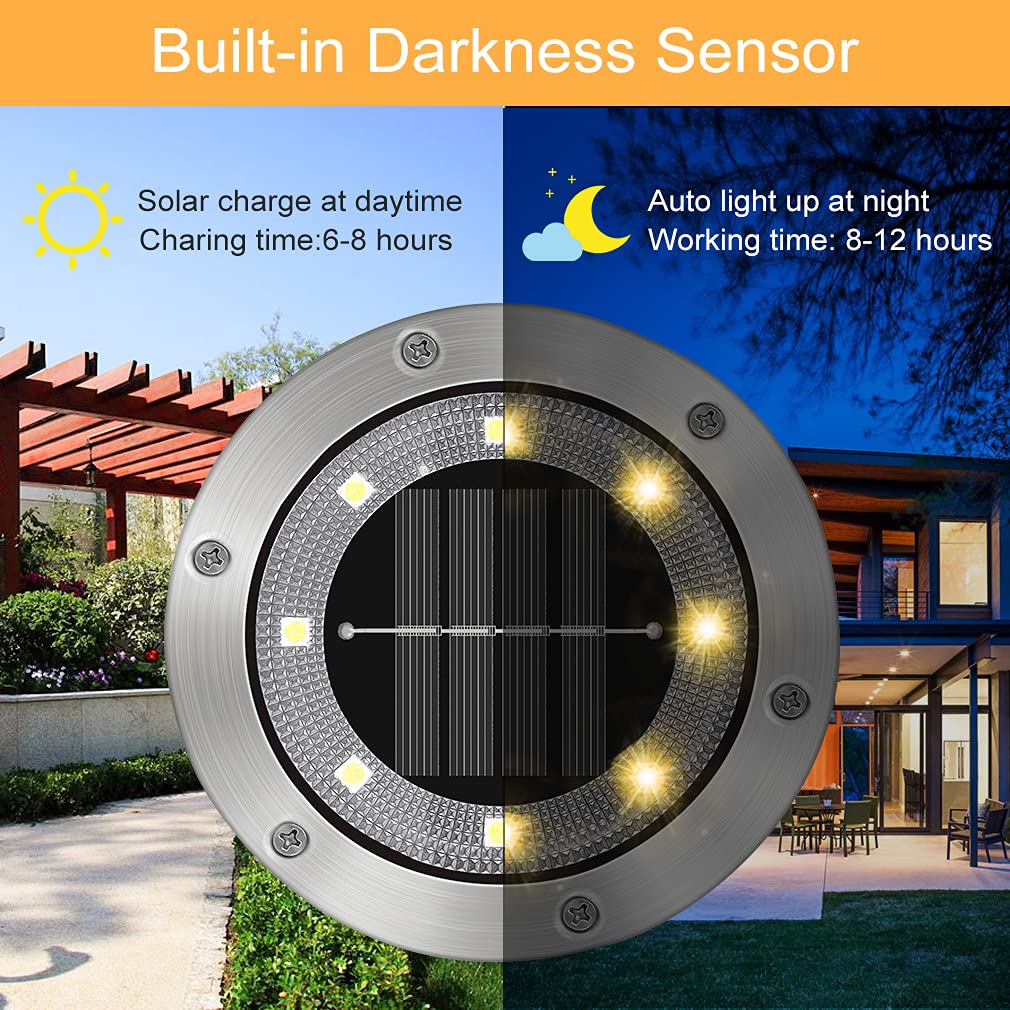 Opard Solar Ground Lights, 8 LED IP65 Waterproof Bright White Solar Decking Lights for Outdoor Garden, Pathway, Patio,Lawn (8 Pack) (Warm White)