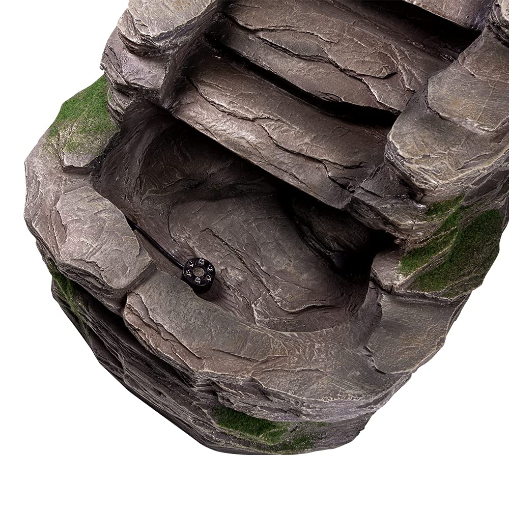 Waterfall Water Feature with LED Light | Rock Stone Cascading Water Feature for the Garden, Outdoor, Self Contained - 58 x 42 x 37cm