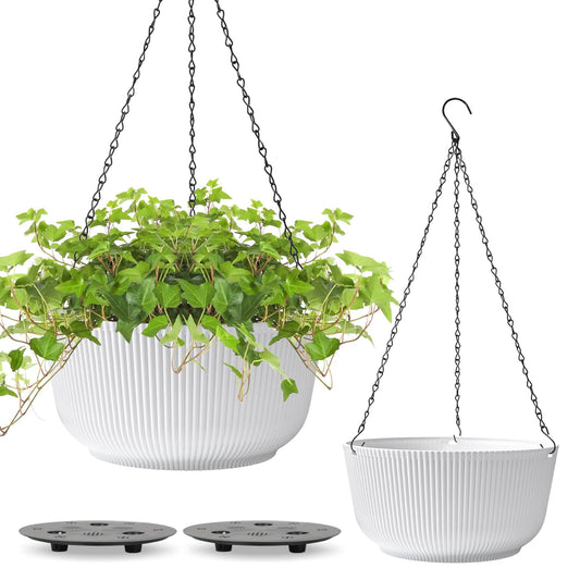 T4U 12 Inch Large Hanging Planters for Outdoor Plants, 2 Pack Self Watering Pots Indoor, Hanging Baskets for Plants,Hanging Flower Pot with Drainage Hole and Plant Hanger, White