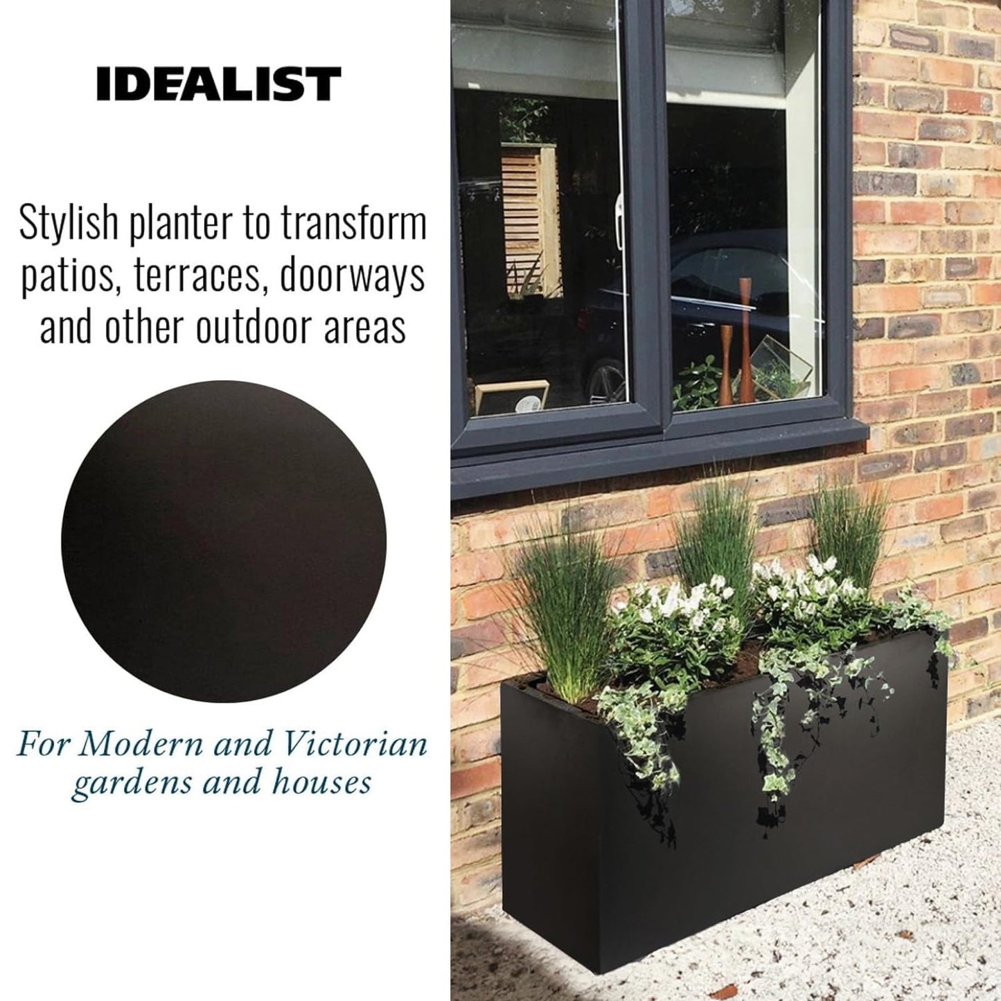 IDEALIST 85cm Large Trough | Black Reinforced Stone Rectangle Plant Pot | Garden Planters with Drainage Holes L85 W26 H41 cm, 60 litres