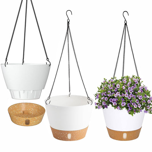 LSRVNM 3 Pack Hanging Plant Pot, Self Watering Planter with Removable Visible Water Tray Drainage Holes Chain Hooks, Hanging Flower Pot for Indoor Outdoor Garden (White)