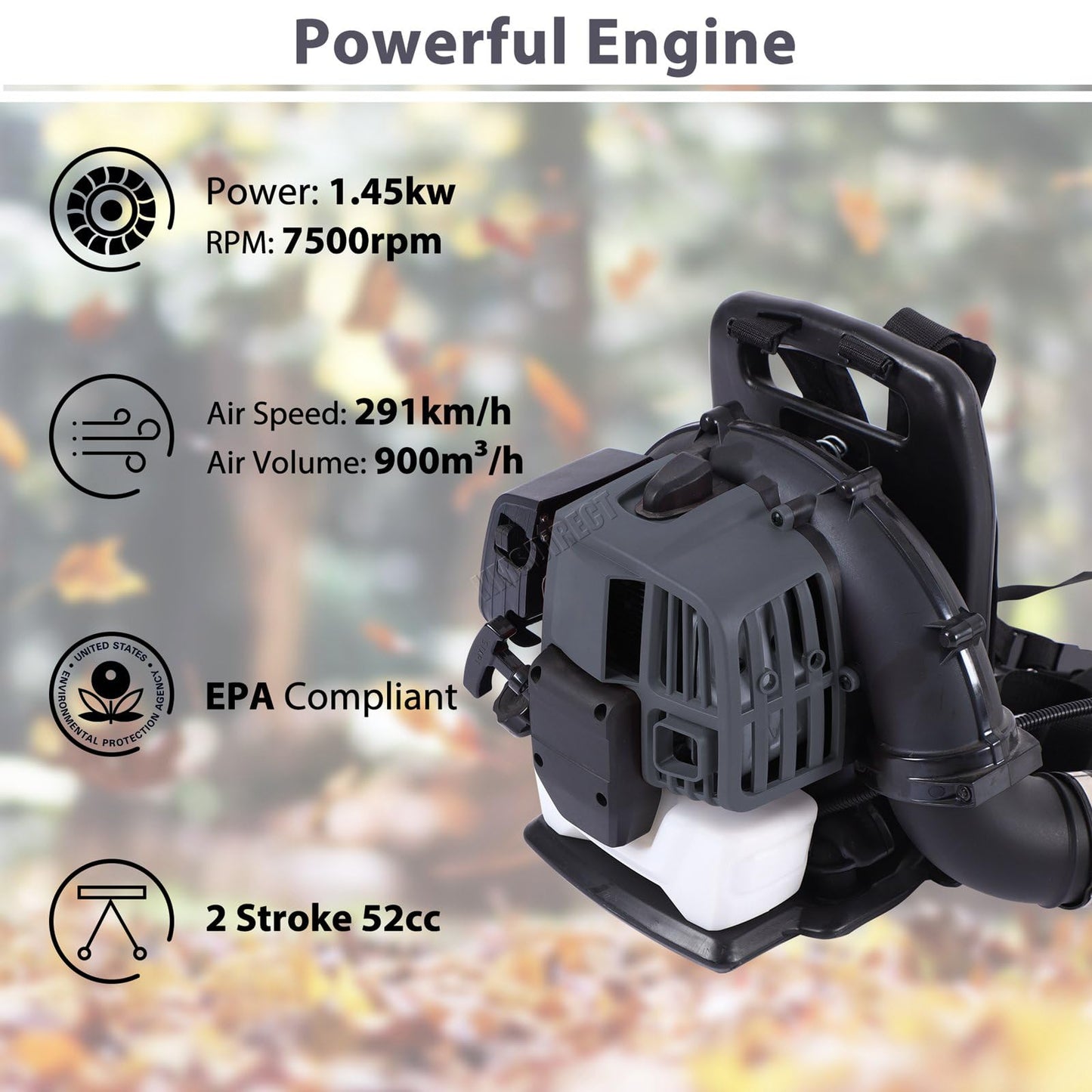 SwitZer Petrol Backpack Leaf Blower Snow Sand Stones Blower 291kmph Air Speed 52cc 2-Stroke Engine Support Harnesses Anti-Vibration 50 Minutes Per Litre Fuel Efficiency Adjustable Straps Grey