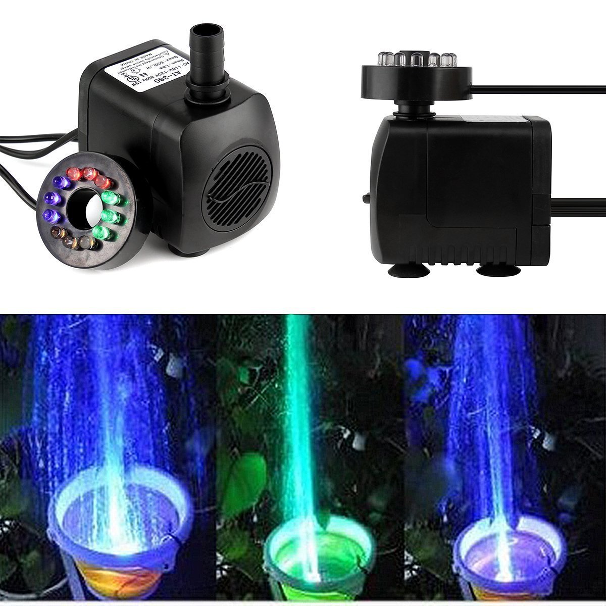 Submersible Water Pump, 15W 800L/H Fountain Pump with 12 Color LED Light for Fountain Pool Garden Pond Fish Tank Aquarium Water(With Plug)