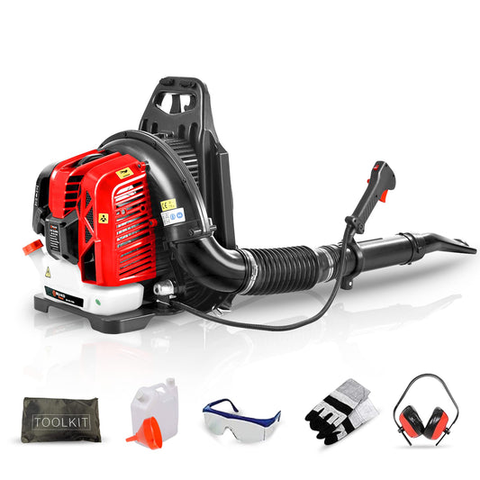 BU-KO 63CC Petrol Backpack Leaf Blower - Powerful 2 Stroke Air Cooled Engine - Lightweight With New and Improved Padded Support Straps While Using - Safety Gear