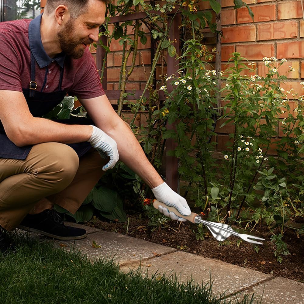 Weeding Tool V-Shaped Forks, Stainless Steel Weed Puller Tool with Metal Leverage Base to Easy Weed Removal & Deeper Root Digging, Manual Hand Weeder (1PCS)