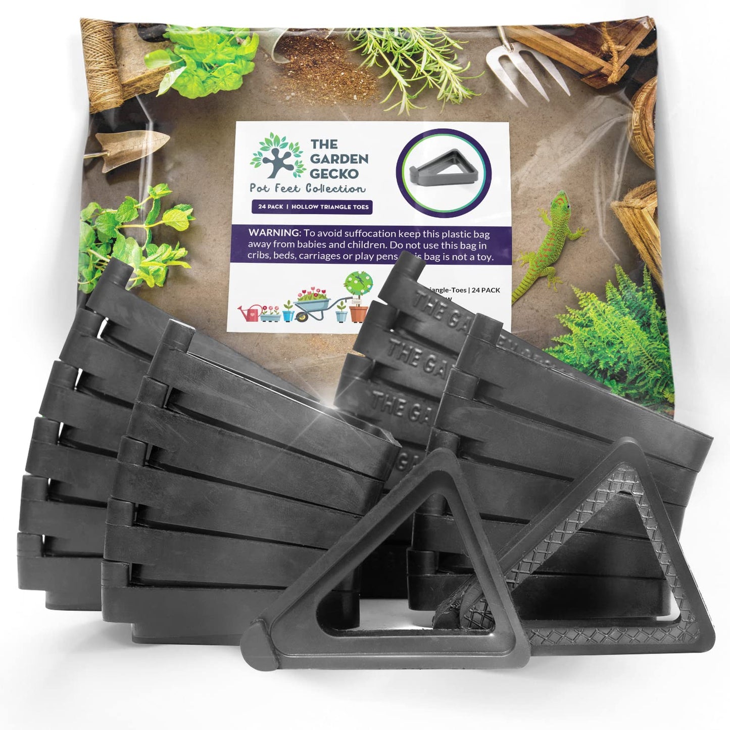 The Garden Gecko Pot feet for outdoor plant pots and flowers, SOLID EPDM RUBBER pot risers with a custom non-slip surface grip | 24 Triangle Hollow Pot-Toe Pcs