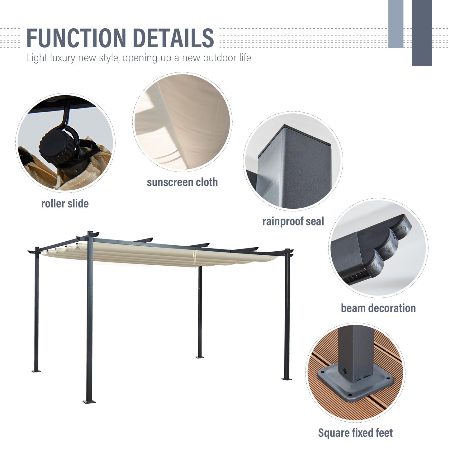 Aweather Metal Garden Pergola with Retractable Canopy, 3m x 4m, Sun Shade Gazebo (Grey)