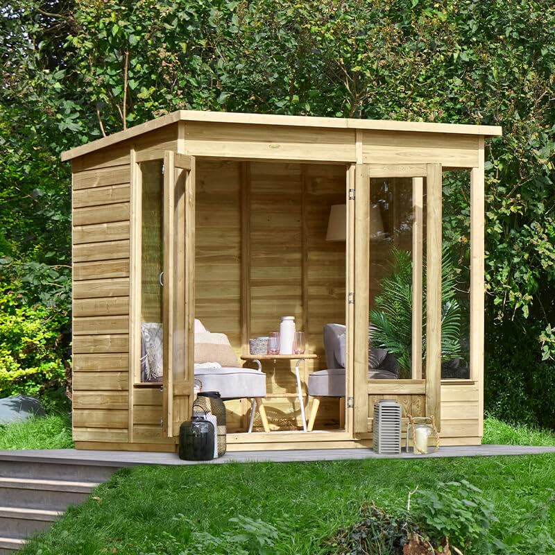 Forest Garden Beckwood Summerhouse Log Cabin 7'5' (2.26m x 1.7m) Pent Double Door Summer House Wooden Garden Room