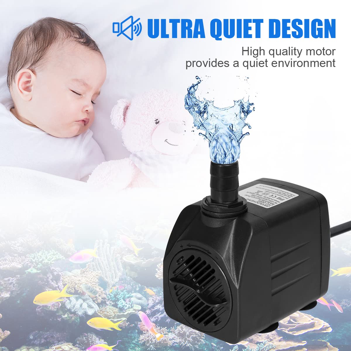 Flintronic Submersible Water Pump(25W 1500L/H), Ultra-Quiet Water Pump, 400Gph 2.2m/7.2ft High Lift Fountain Pump for Aquarium,Fish Tank,Statuary,Hydroponics,4 Suction Cup,1.4m Power Cord & 3 Nozzles