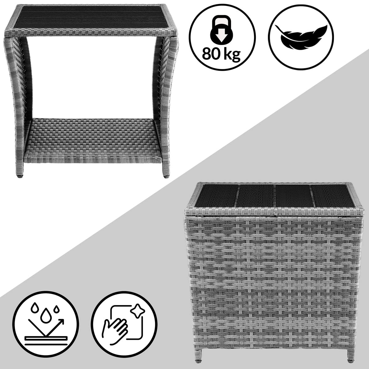 CASARIA® Polyrattan Garden Side Table WPC Table Top | 45x45x40cm 80kg Load Capacity | Weatherproof Outdoor Patio Deck Balcony Furniture Coffee Table | Adjustable Levelling Feet | Grey