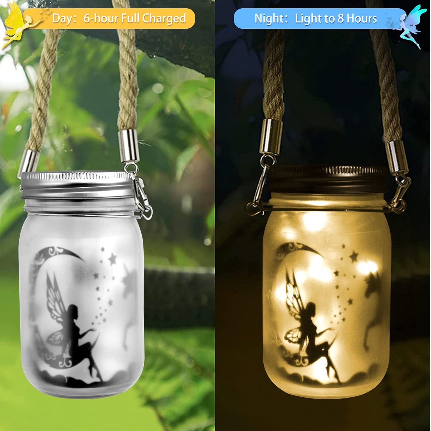 Ecoastal Solar Lights Outdoor Garden Ornaments,Fairy Mason Jar Lantern Decorative LED Light,Waterproof Patio Hanging Lamp Backyard Pathway Lighting,Christmas Birthday Gift for Her