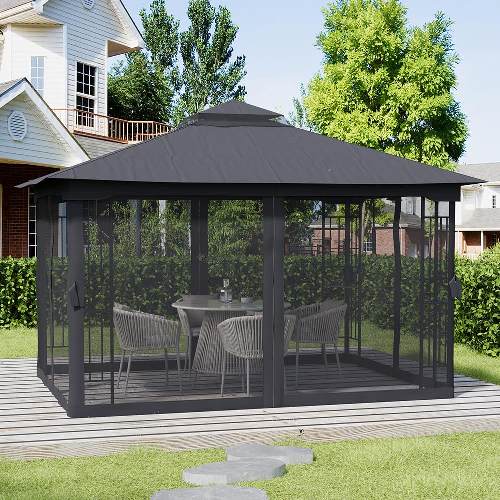 The Fellie 3M x 4M Gazebos with Double Tiered Roof, Large Outdoor Garden Gazebos with Mosquito Netting, Heavy Duty Metal Gazebos for Garden, Patio, Party, Camping, Waterproof, Dark Grey