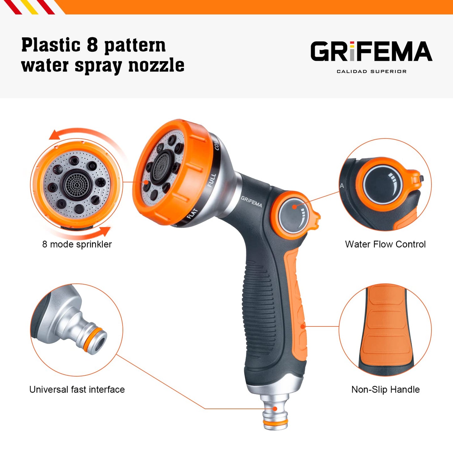 GRIFEMA GE1303 Garden Hose Pipe Spray Gun, 8 Adjustable Patterns Nozzles, High Pressure Garden Sprayer For Lawn & Garden Watering Equipment, Orange/Black