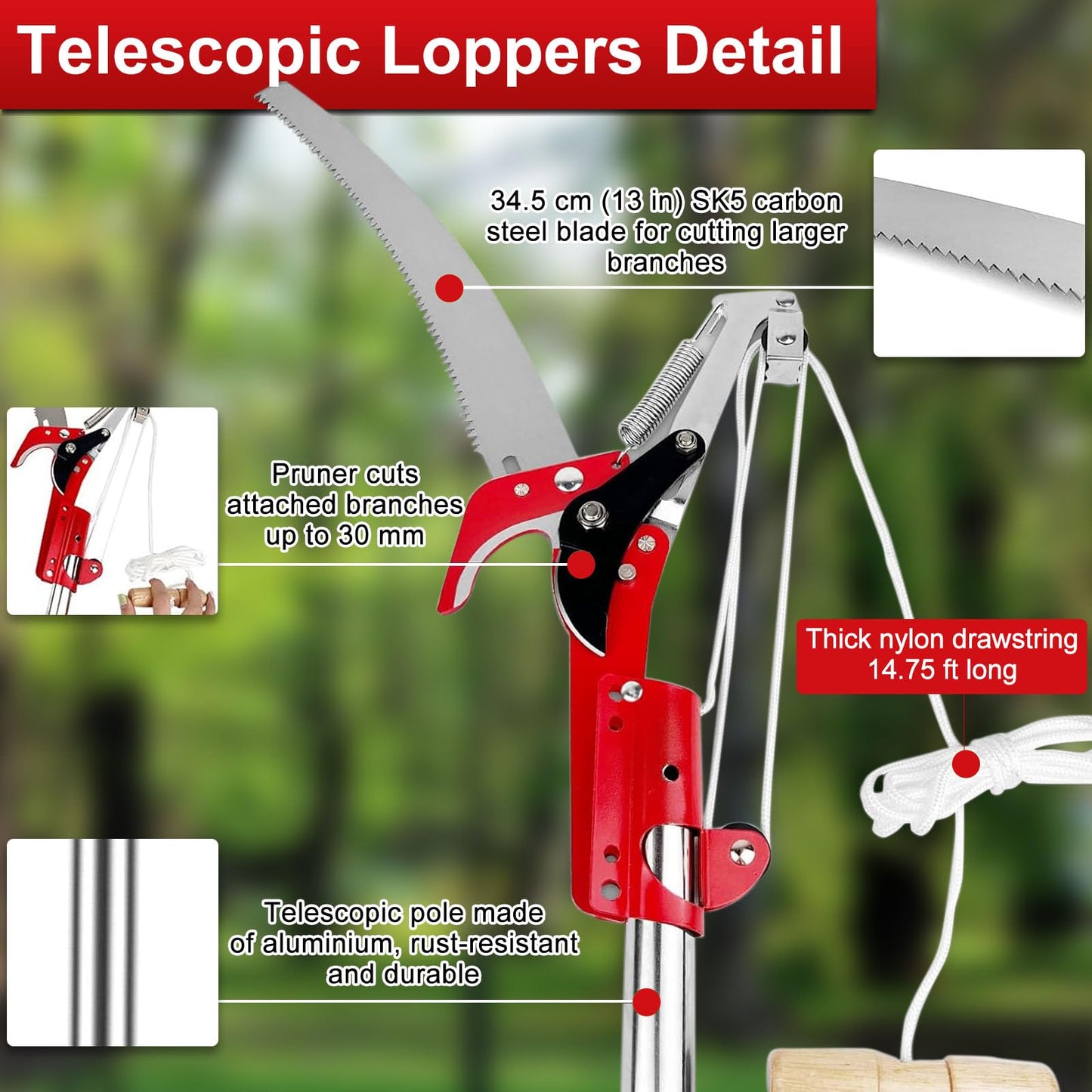 Caossuixin 2 in 1 Telescopic Tree Loppers Long Reach, 2.7ft-13ft Long Reach Tree Pruner with Extendable Handle, Branch Cutters Pole Saw loppers for Yard Garden Patios Trees Branches Cutting