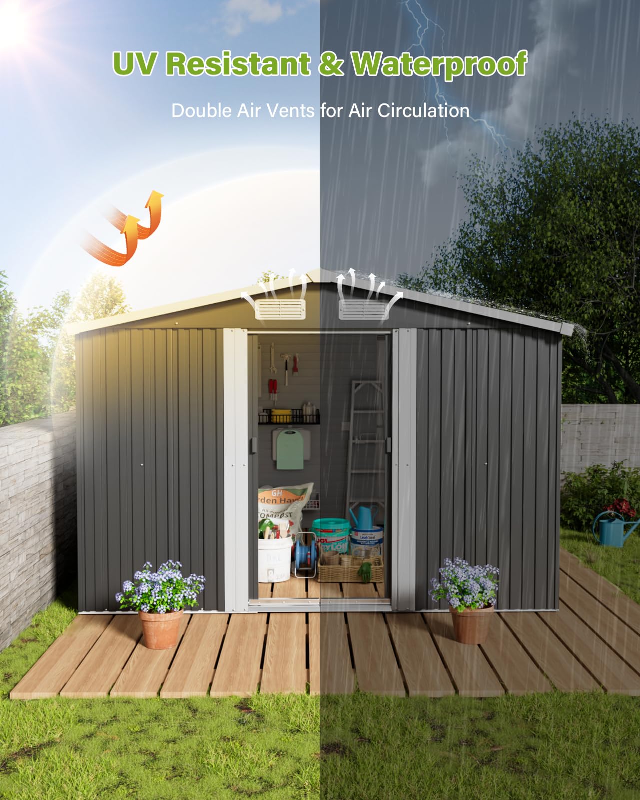 XEMQENER Large Garden Storage Shed with Base, 10x8 FT Metal Garden Shed with Door and Roof, Lockable Outdoor Storage House for Gardening Tools, Gardening Equipment, Bike, 257x312x178cm, Black