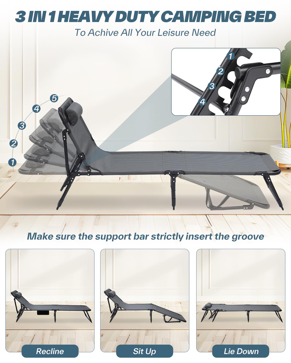 Sun Lounger 5 Position Adjustable, Sunloungers with Mattress and Headrest for Garden Recliner Beach Terrace Pools Camping Bed Guest Bed for Home, Office Nap, Indoor, Camp