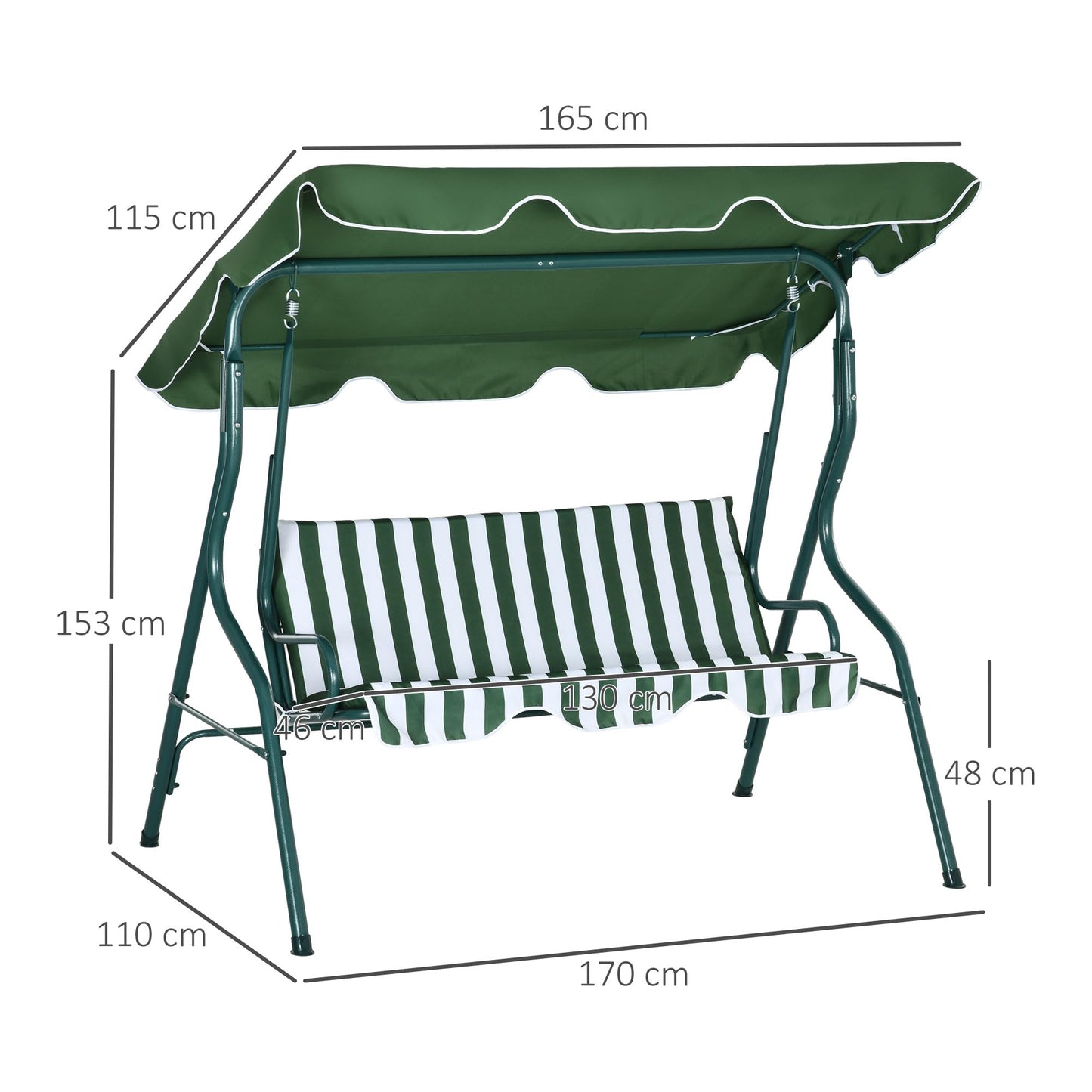 Outsunny 3 Seater Canopy Swing Chair Outdoor Garden Bench with Adjustable Canopy and Metal Frame - Green Stripes