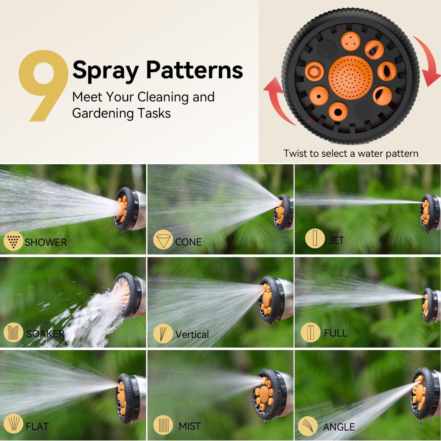 VOXON Hose Pipe Spray Gun, Heavy Metal Garden Hose Spray Gun with 9 Patterns, High Pressure Sprayer with Non-Slip Grip, for Plants Watering, Car Washing and Pet Showering