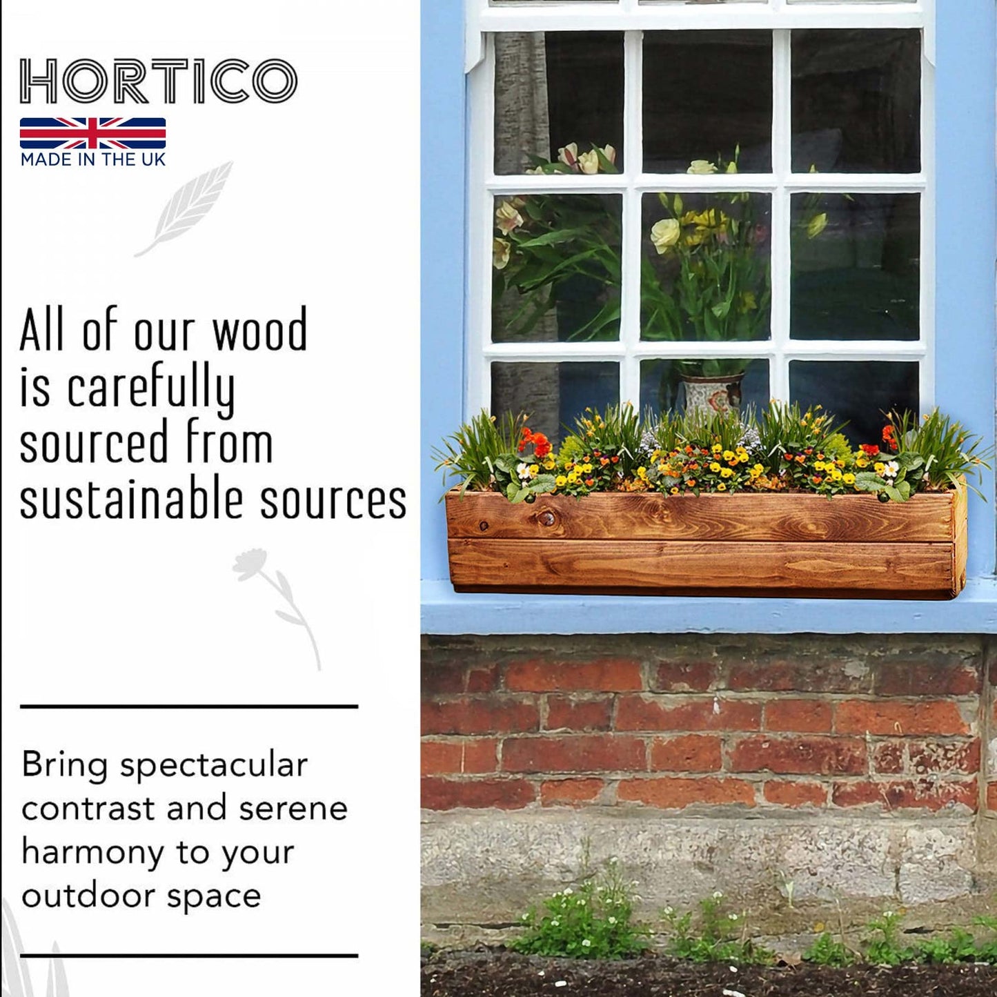 HORTICO Wooden Garden Planters | Window Box | Rectangular Plant Pots Outdoor | Fully Assembled H15 L76 W23 cm, 24.5L, Made in the UK