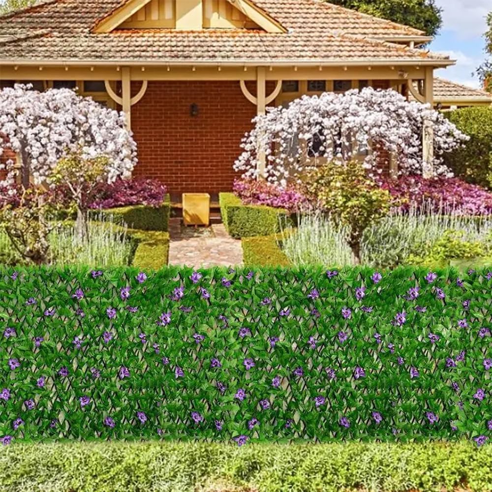 Expanding Garden Trellis Panels 200x40cm,Expandable Garden Fence Screening with Artificial Ivy and Violet Flower,Garden Greenery Leaf Backdrop Decoration (2pcs)