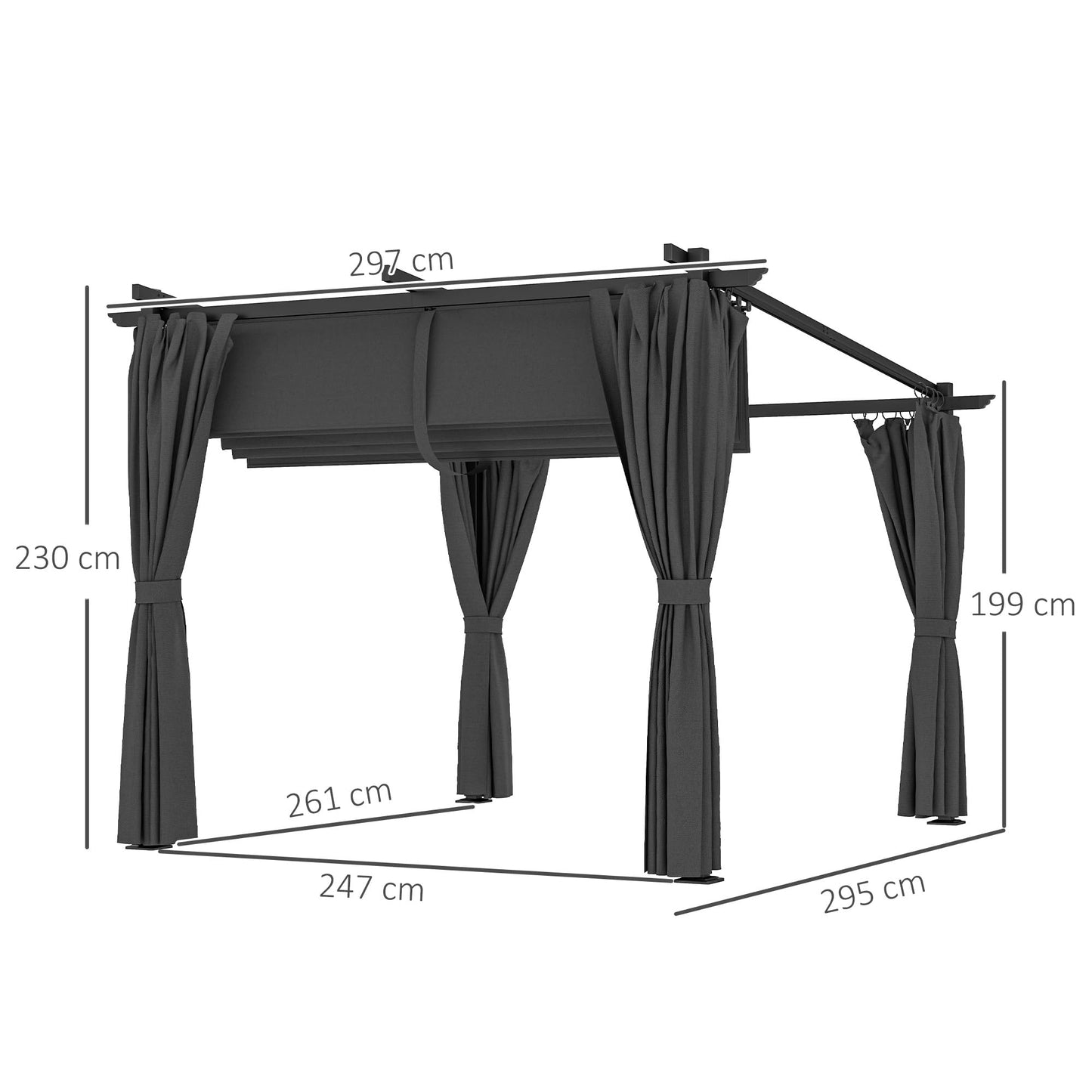 Outsunny 3 x 3(m) Metal Pergola with Retractable Roof and Sidewalls, Garden Gazebo UPF30- Sun Shade Shelter for Outdoor, Patio, Deck, Dark Grey
