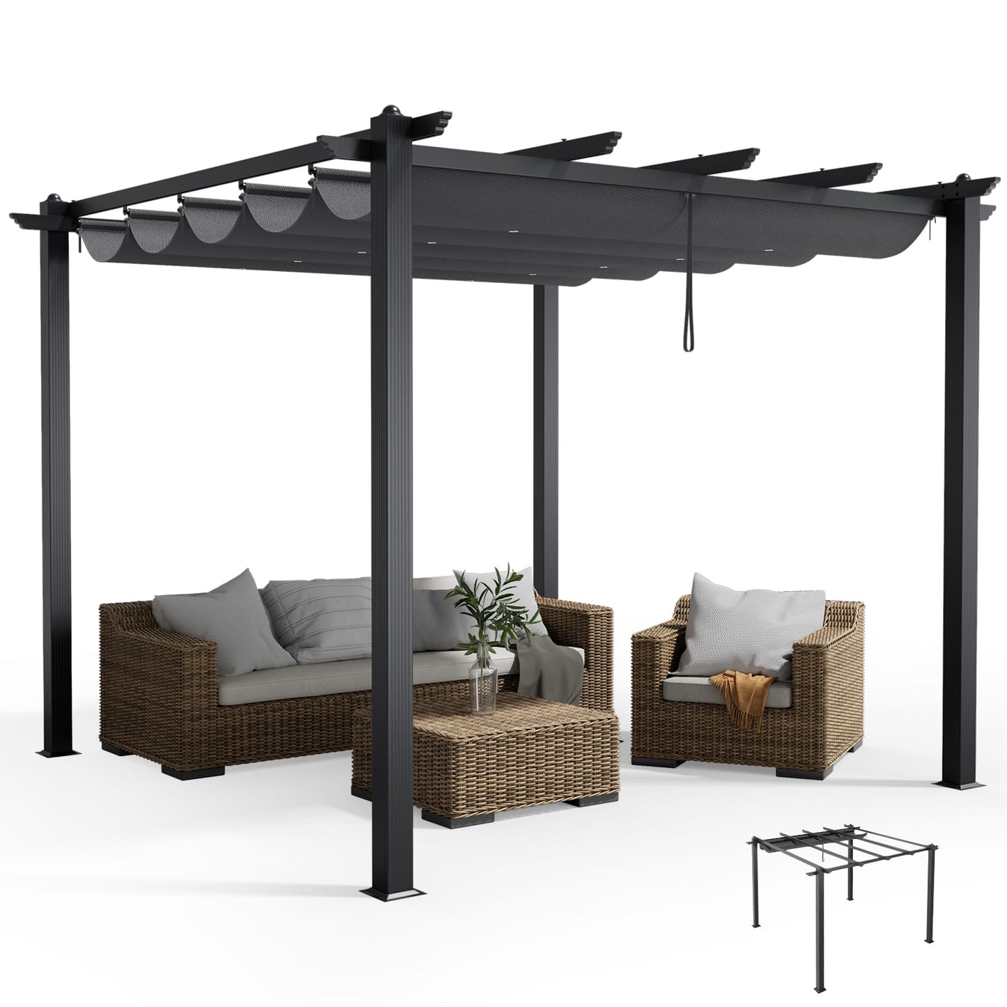 The Fellie 3M x 3M Aluminium Pergola with Retractable Roof, Outdoor Garden Gazebos Water-resistant, Large Metal Retractable Pergola Sun Shade Shelter for Garden, Patio, Poolside, Party, BBQ, Dark Grey