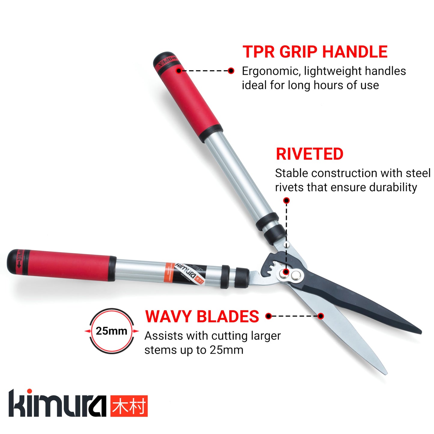 Kimura® Pro Telescopic Garden Shears - Premium Hedge Shears, Patented Gearing Technology, Lightweight Extendable Aluminium Handles, Japanese SK5 Steel Blades, Heavy Duty Gardening Shears - 630-820mm