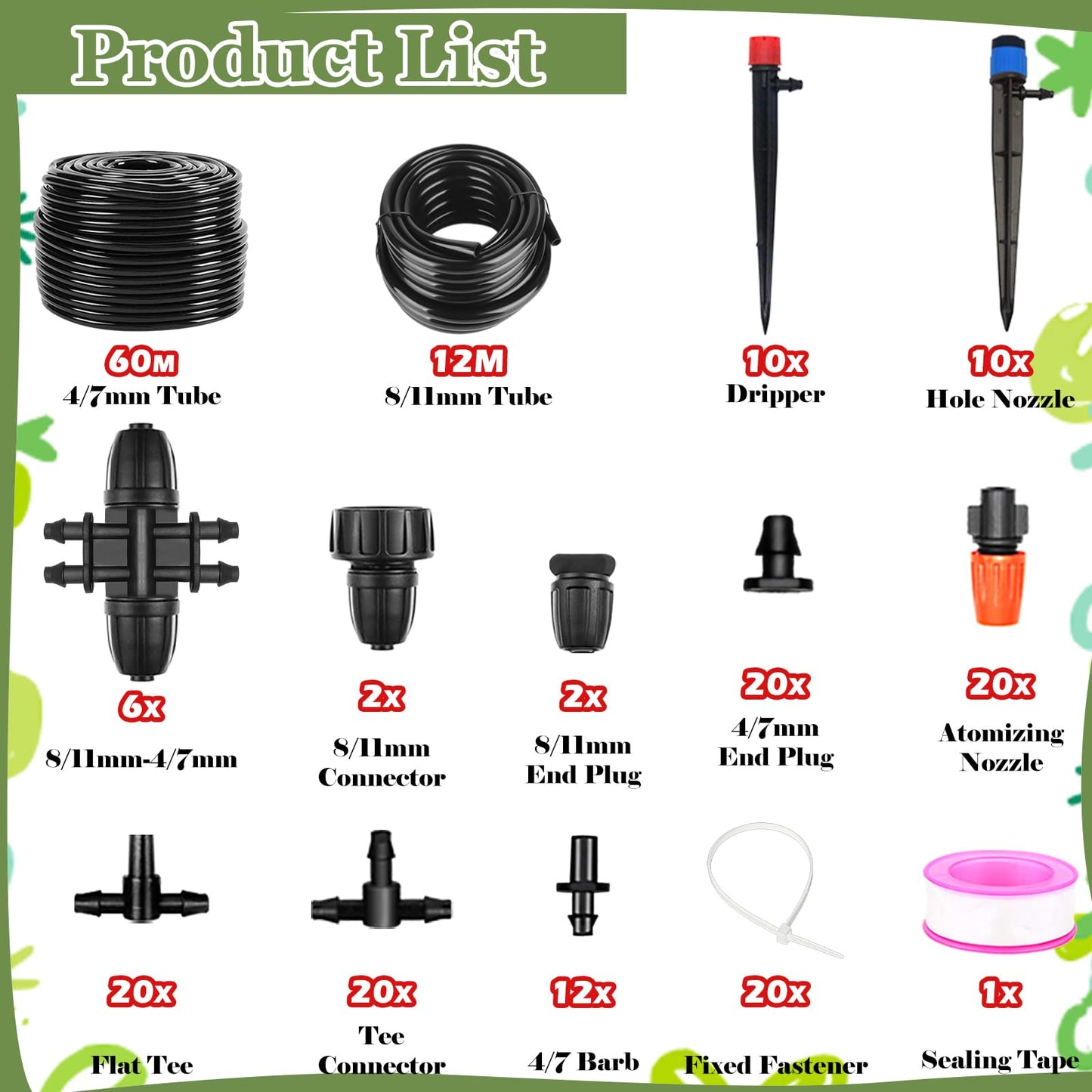 200FT-40FT Irrigation System Kit, Automatic Watering System with 8/11mm Main Irrigation Tubing 4/7mm Distribution Tubing and Accessories, Drip Irrigation System for Greenhouse, Yard, Lawn, Plant