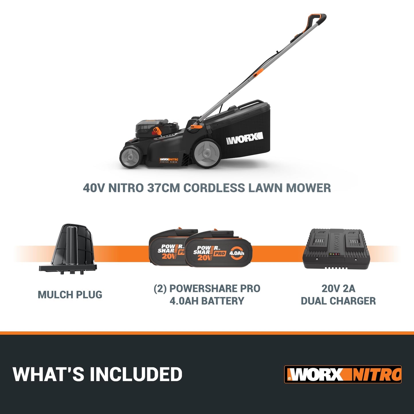 Worx WG737E 40V 37cm Cordless Lawnmower – Ideal for Medium to Large Gardens (300-550㎡) – Includes 2x 4.0Ah Batteries & Charger – IntelliCut™ Tech, Mulching & Bagging, Adjustable Height, PowerShare