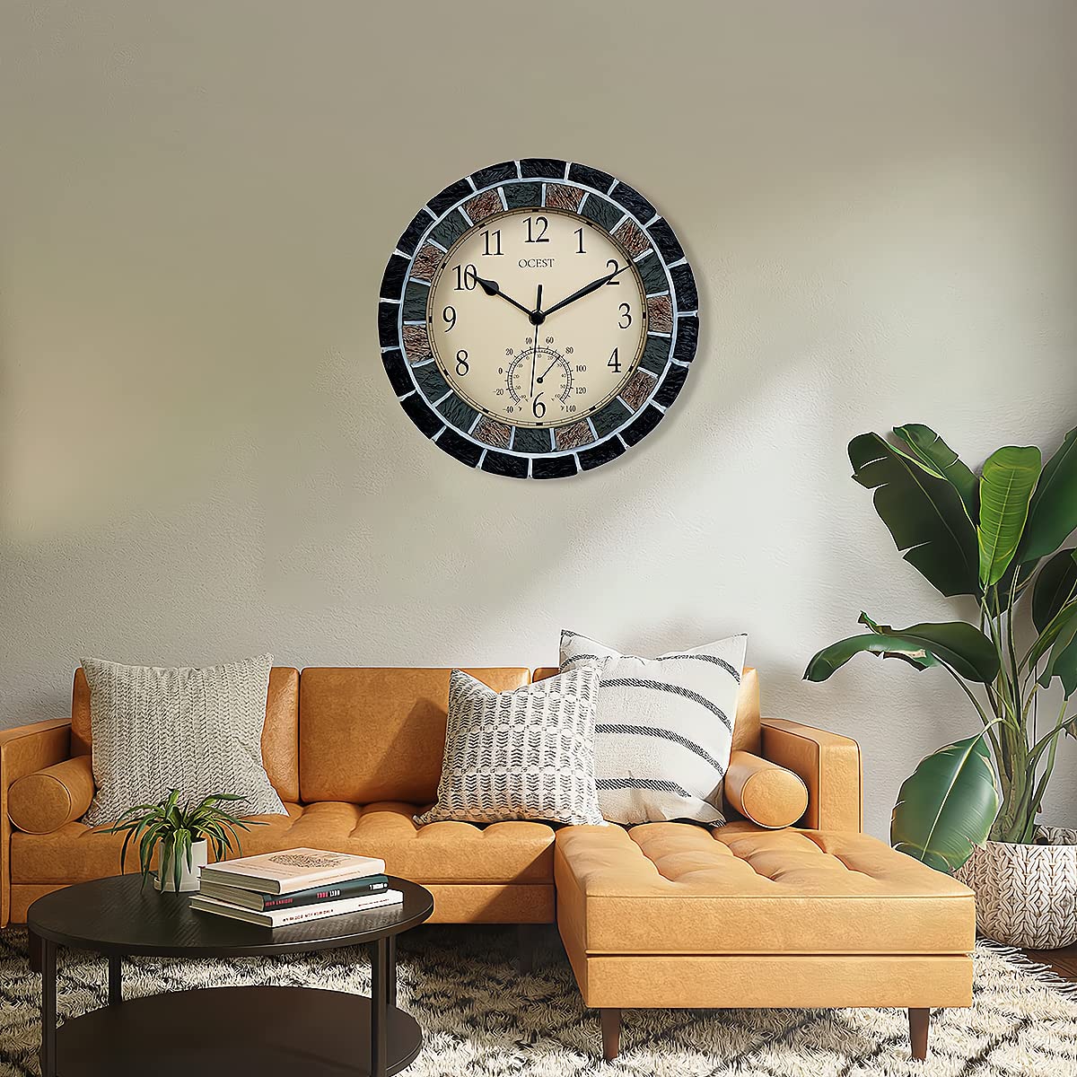 OCEST 10.5 Inch Garden Clock Outdoor Waterproof, Thermometer Silent Non-ticking Battery Operated Wall Clocks Retro Decorative for Pool, Kitchen, Patio