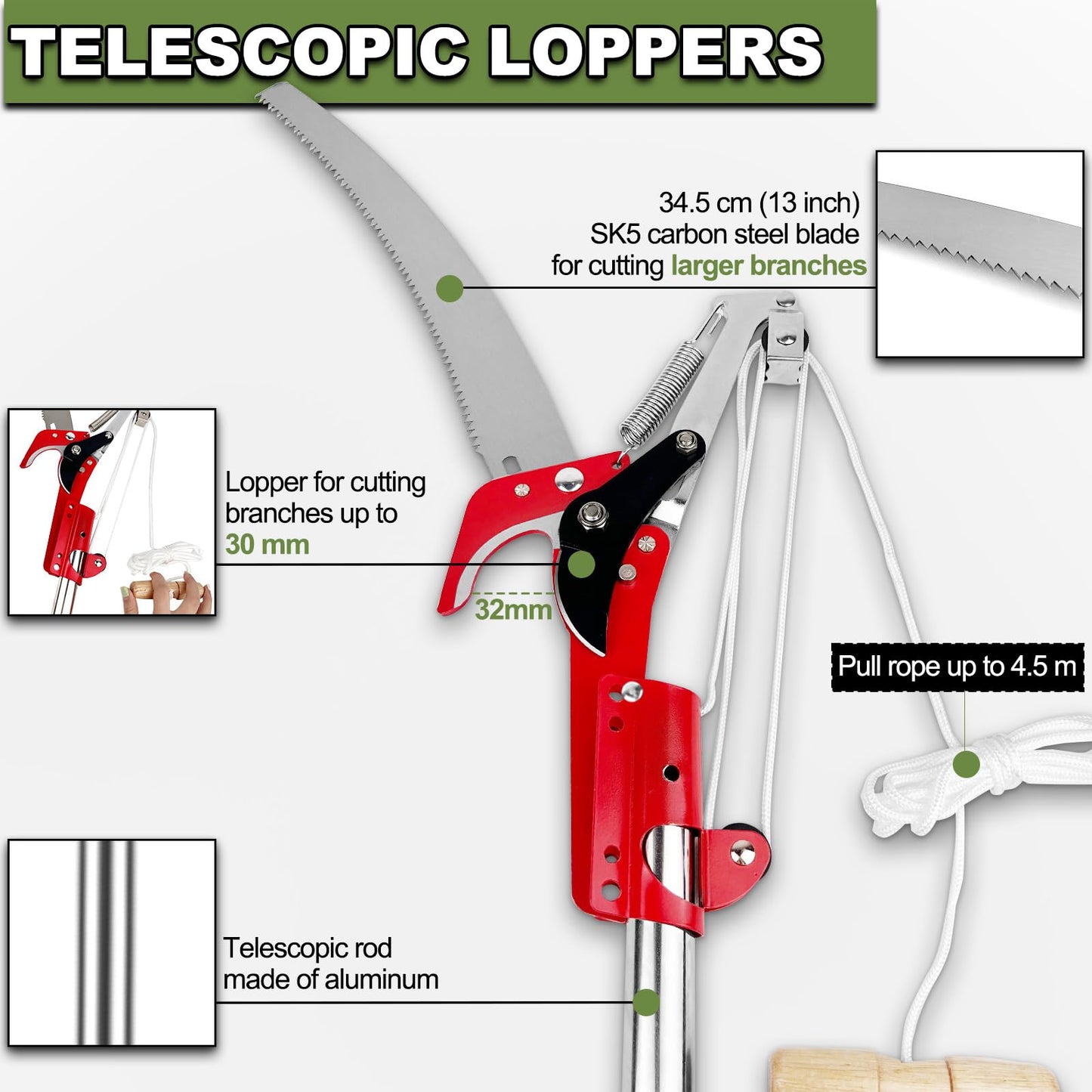 Tree Loppers Long Reach Telescopic, 82-402cm Long Reach Pruner with Extendable Handle & 33cm Saw, Lightweight Telescopic Tree Pruner Branch Cutters, Pulley Pole Pruner Hand Garden Loppers