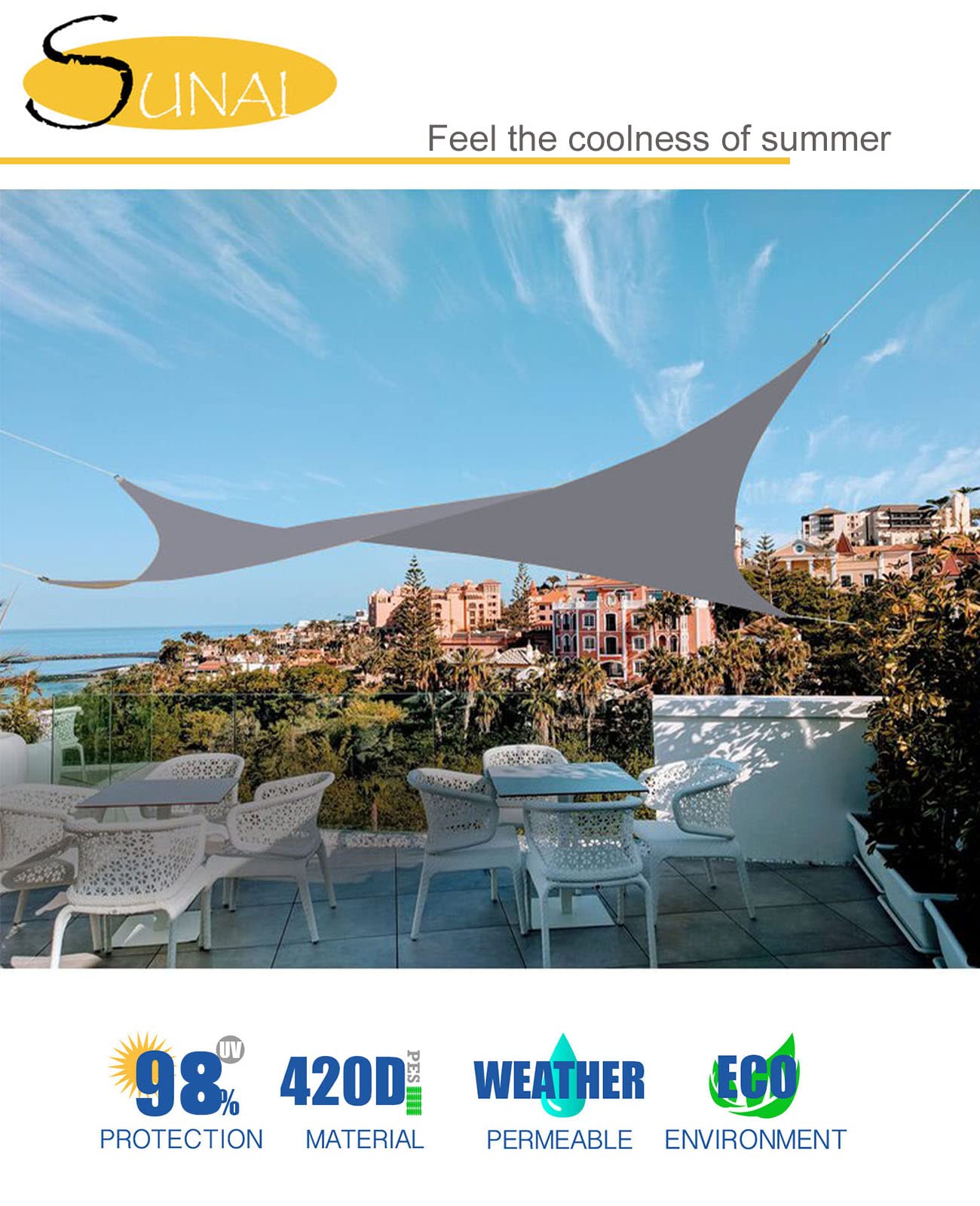 Sunal Sun Shade Sails 3m x 4m, Rectangle Waterproof Shade Sail for Garden, 98% UV Blocking Outdoor Sun Shade Shade Canopy with Free Rope for Outdoor Garden Pergola Patio Party Backyard Lawn, Grey